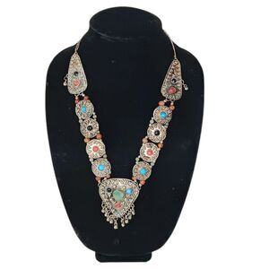 VTG Bohemian Large Statement Necklace Silvertone Faux Turquoise & Coral Ethnic